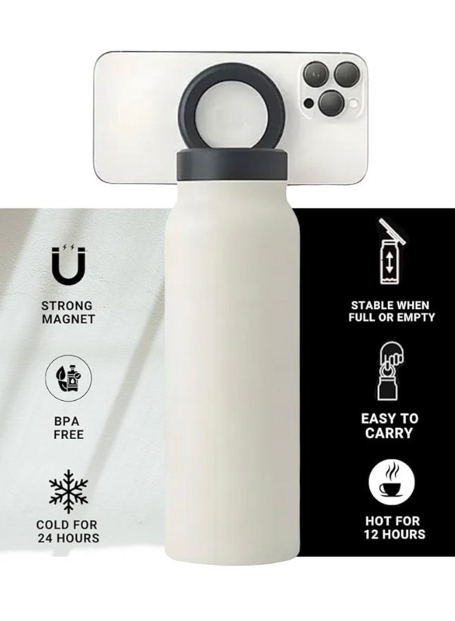 Water Bottle + Free Magnetic Booster Ring,Stainless Steel Hydration Bottle w/ Integrated MagSafe Phone Mount, 12Hrs Hot/24Hrs Cold, BPA-Free, Works w/  iOS- Stainless 800ML(CREAM). - Image 3