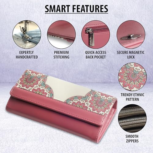 DOSYSO Wallet for Women Girls Stylish Latest Printed Faux Leather with Phone Space Coin Compartment Mobile Storage 4 Card Slots Holder Cash Zip Pockets Hand Clutch for Daily Use Ladies Long Purse (Pink) - Image 4