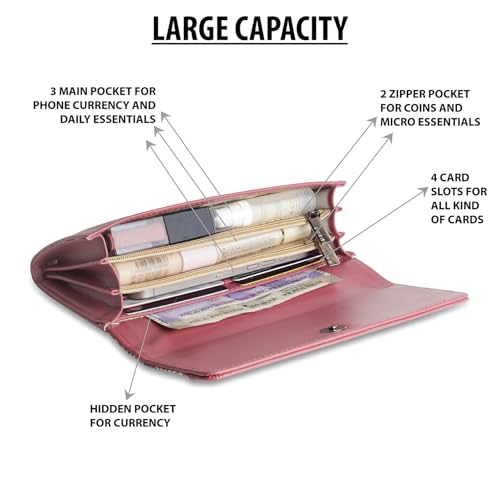 DOSYSO Wallet for Women Girls Stylish Latest Printed Faux Leather with Phone Space Coin Compartment Mobile Storage 4 Card Slots Holder Cash Zip Pockets Hand Clutch for Daily Use Ladies Long Purse (Pink) - Image 3