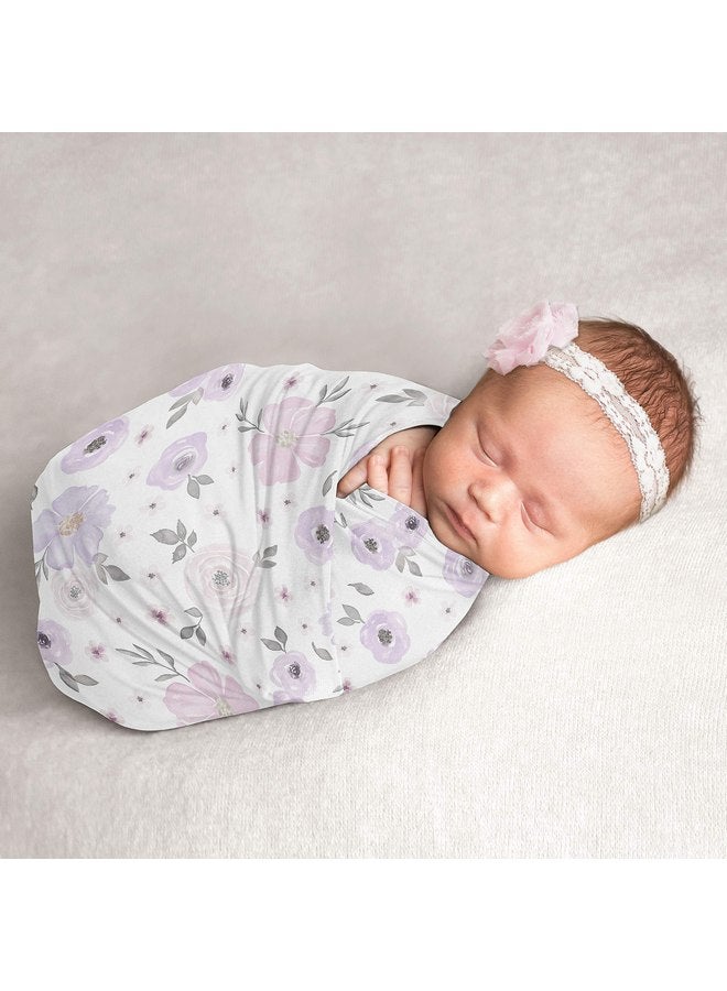 Sweet Jojo Designs Sweet Jojo Designs Watercolor Floral Baby Girl Swaddle Blanket Jersey Stretch Knit for Newborn or Infant Receiving Security - Lavender Purple, Pink and Grey Boho Shabby Chic Rose Flower  - Image 1