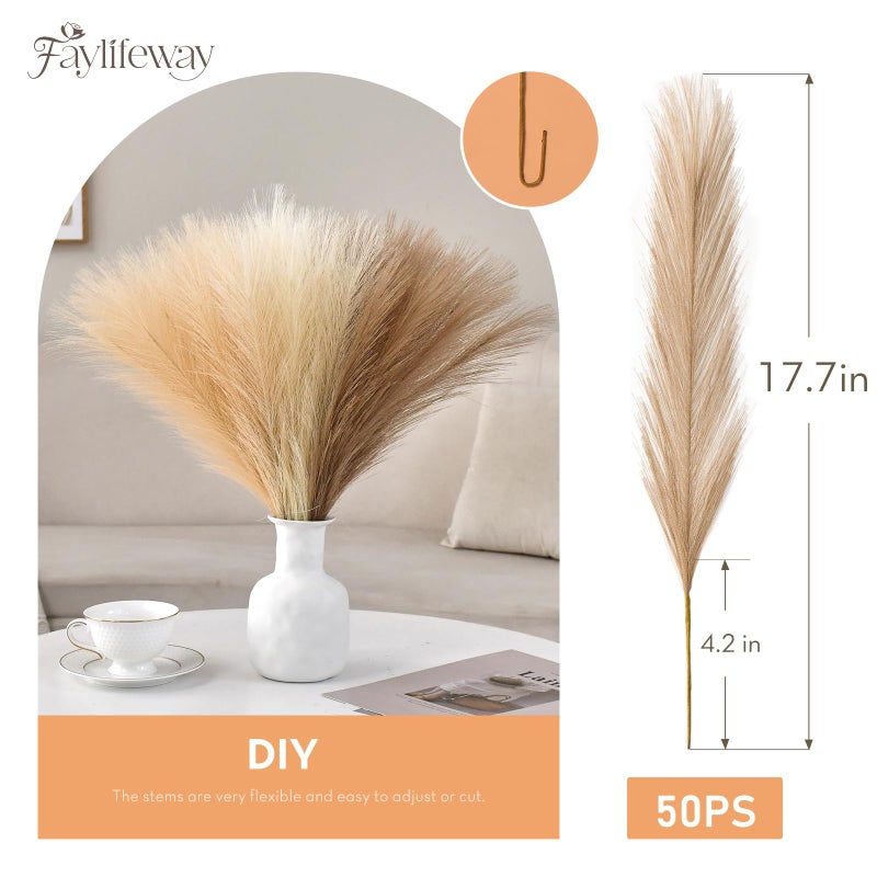 Faylifeway 50pcs Pampas Grass 17in, Faux Pompas Grass Home Decor, Artificial Pampas Fake Flowers Fluffy Vase Filler Home Wedding Party Decoration (Sand Beige Light Brown) - Image 4
