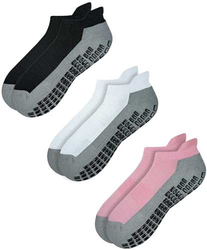 RATIVE Super Grips Anti Slip Non Skid Yoga Hospital Socks for Adults Men Women (Large, 3-Pairs/Black+White+Pink) - Image 1