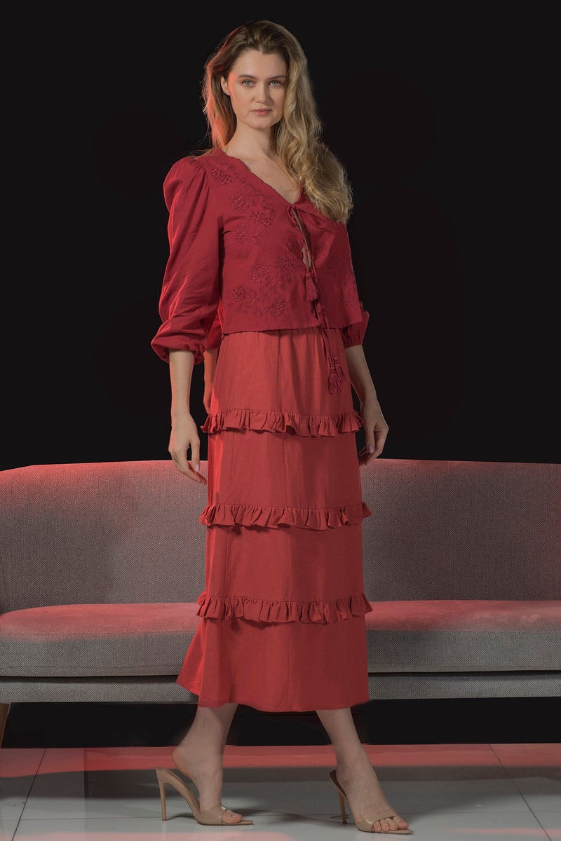Virgio Solid Viscose Skirt Midi Length With Ruffle for Women - Image 1