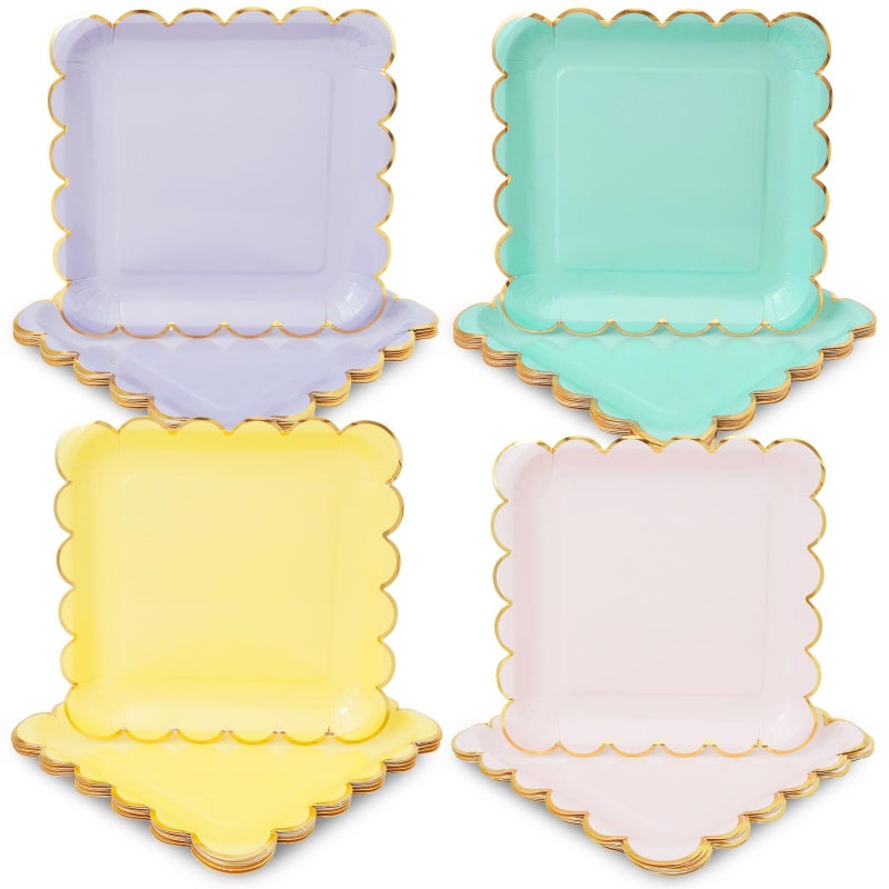 Sparkle and Bash Sparkle and Bash 48 Pack Pastel Paper Plates with Scalloped Gold Foil  9 inch Square Party Plate  Cute Dinnerware for Special Celebrations and Themed Parties 