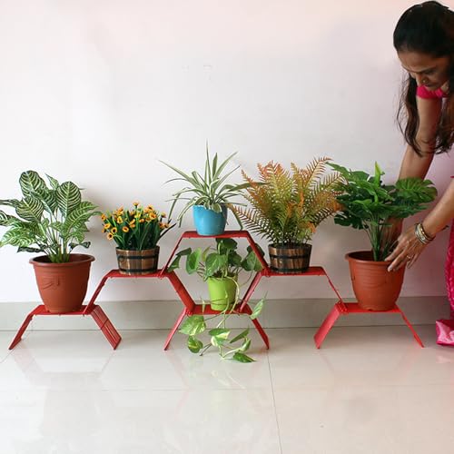Meshable Grandis Metal Plant, Gamla Stand for Balcony & Living Room with a Elegant Design & Rust Free, Decorative Pot Stand For Indoor & Outdoor for Holding 6 Plant Pots, Small Pack of 6 - Red - Image 1