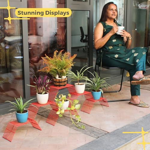 Meshable Grandis Metal Plant, Gamla Stand for Balcony & Living Room with a Elegant Design & Rust Free, Decorative Pot Stand For Indoor & Outdoor for Holding 6 Plant Pots, Small Pack of 6 - Red - Image 5