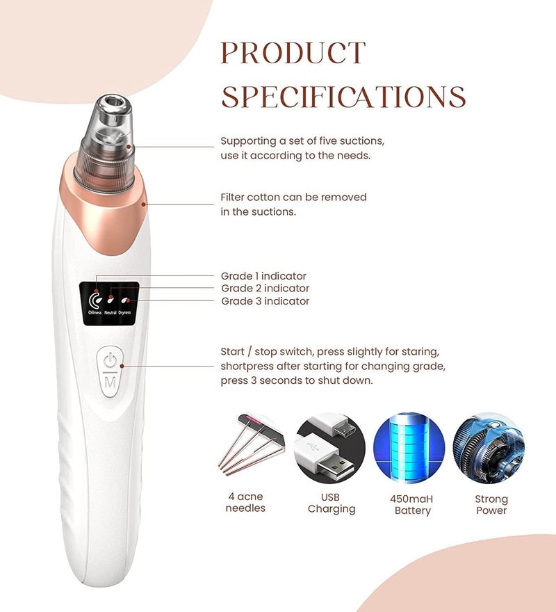 Gackoko 2024 Newest Blackhead Remover Pore Vacuum,Facial Pore Cleaner-5 Suction Power,5 Probes,USB Rechargeable Blackhead Vacuum Kit Electric Acne Extractor Tool for Adult - Image 4