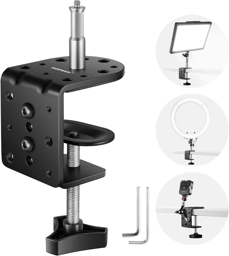 Neewer Heavy Duty C Clamp with Mounting Column for Light Bracket, Adjustable Metal Desk Clamp with 1/4 3/8 Screw for Ring Lighting, Max Load 44 lb/20kg, St-CCD1 - Image 1
