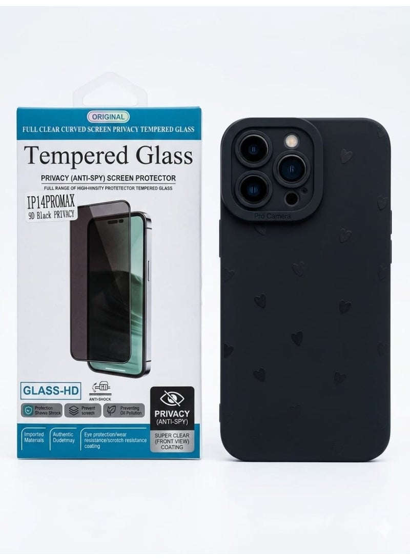 Case iPhone 14 pro max with Screen protect privacy ,Heart Pattern Case for 14 max Raised Camera protection -black cute Women and Girls Design - Image 1