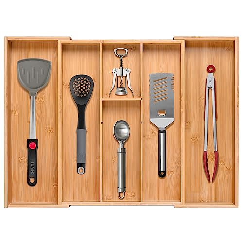 guiogc Bamboo Silverware Organizer, Expandable Kitchen Drawer Organizer and Utensil Organizer, Cutlery Tray with Drawer Dividers for Kitchen Utensils and Flatware, Bedroom, Living Room (Natural) - Image 1