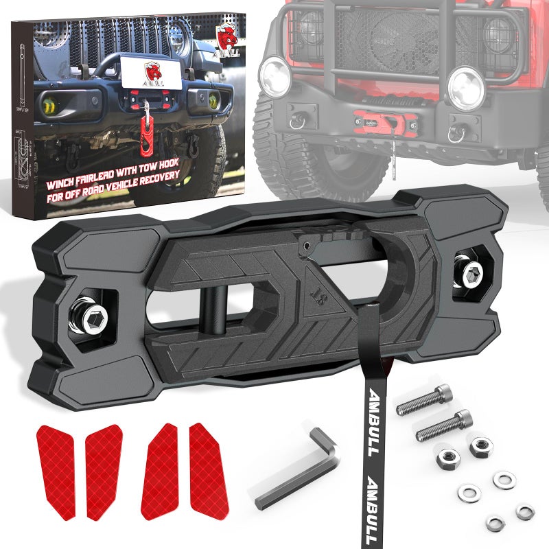 AMBULL Winch Fairlead with Tow Hook Aluminum Hawse Fairlead with Grade 80 Forged Steel Winch Hook 33000lb Break Strength Winch Fairlead Hook Set for OffRoad Vehicle Recovery BlackBlack