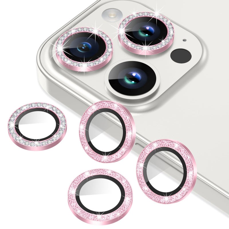 AGVEE 3+3 6 Pack for iPhone 15 Pro 6.1" / 15 Pro Max 6.7" Camera Lens Protector, Bling Diamond & Bling Glitter Metal Ring 9H Tempered HD Glass Camera Cover Film, Bling-Pink - Image 1