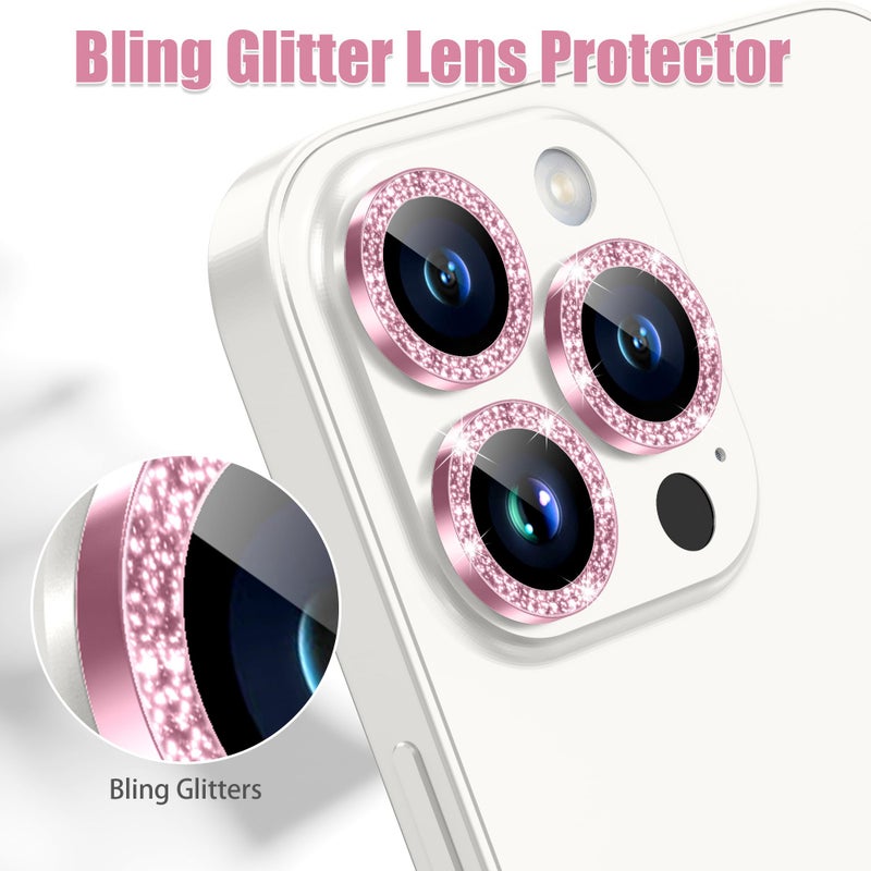 AGVEE 3+3 6 Pack for iPhone 15 Pro 6.1" / 15 Pro Max 6.7" Camera Lens Protector, Bling Diamond & Bling Glitter Metal Ring 9H Tempered HD Glass Camera Cover Film, Bling-Pink - Image 5