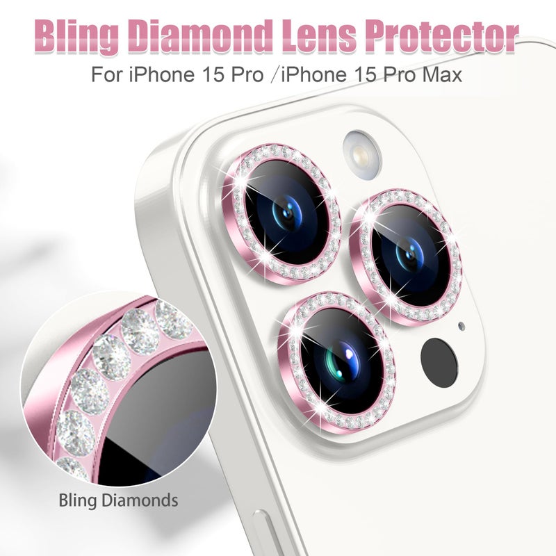 AGVEE 3+3 6 Pack for iPhone 15 Pro 6.1" / 15 Pro Max 6.7" Camera Lens Protector, Bling Diamond & Bling Glitter Metal Ring 9H Tempered HD Glass Camera Cover Film, Bling-Pink - Image 4
