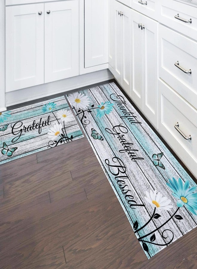 Mofvugz Farmhouse Kitchen Mats for Floor 2 Piece, Teal Kitchen Rugs and Mats Non-Skid Washable for Sink Floor, Floral Teal Kitchen Accessories and Decor Mat, 17"x30"+17"x47" - Image 1