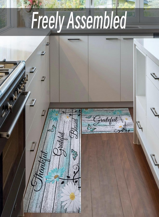 Mofvugz Farmhouse Kitchen Mats for Floor 2 Piece, Teal Kitchen Rugs and Mats Non-Skid Washable for Sink Floor, Floral Teal Kitchen Accessories and Decor Mat, 17"x30"+17"x47" - Image 2