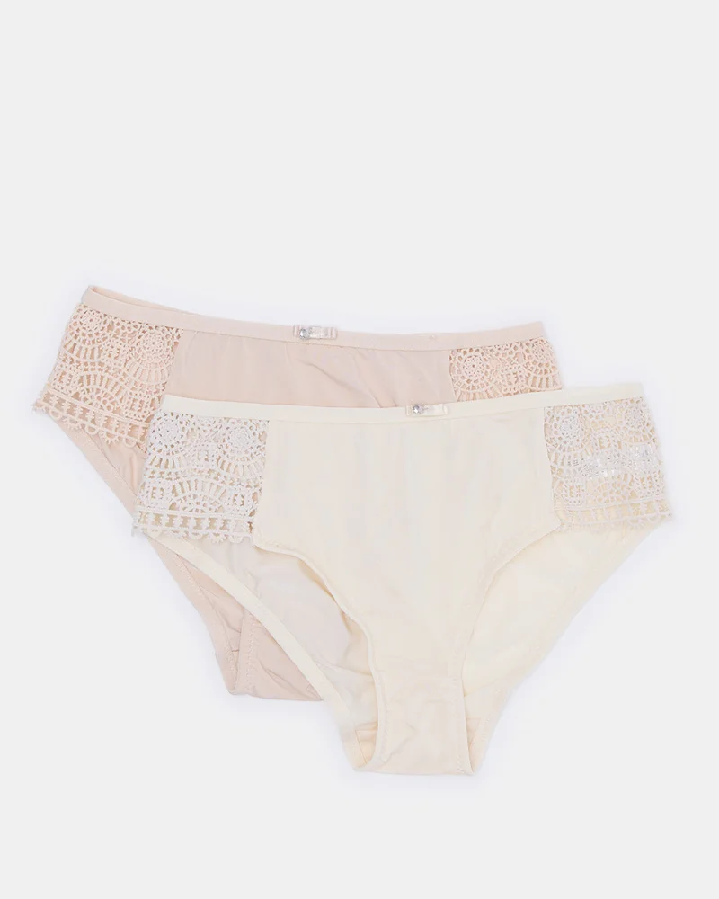 Redtag Women Pink and Beige And Biege Hi-Leg Brief With Lace (Pack Of 2)