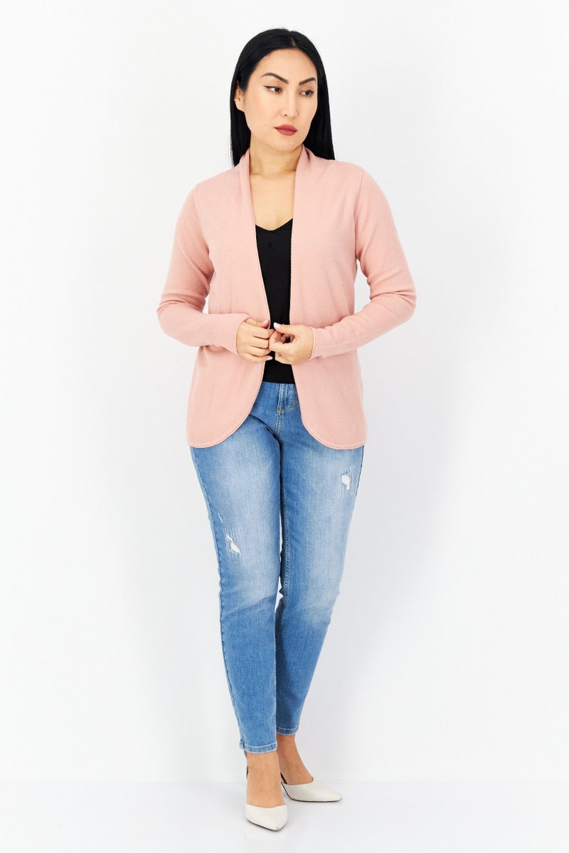 Zero Women Split Neck Long Sleeve Textured Open Front Cardigan, Pink - Image 4