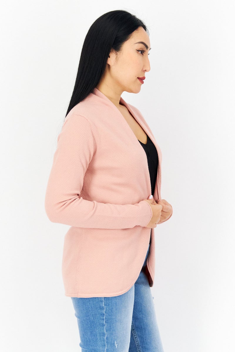 Zero Women Split Neck Long Sleeve Textured Open Front Cardigan, Pink - Image 3