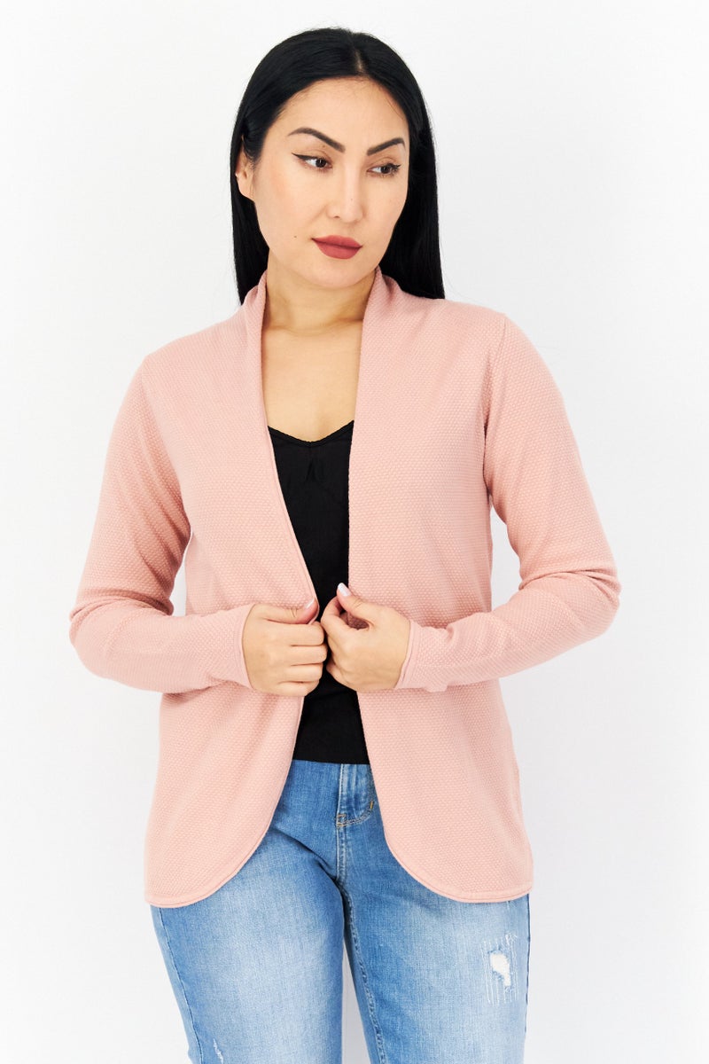Zero Women Split Neck Long Sleeve Textured Open Front Cardigan, Pink - Image 1