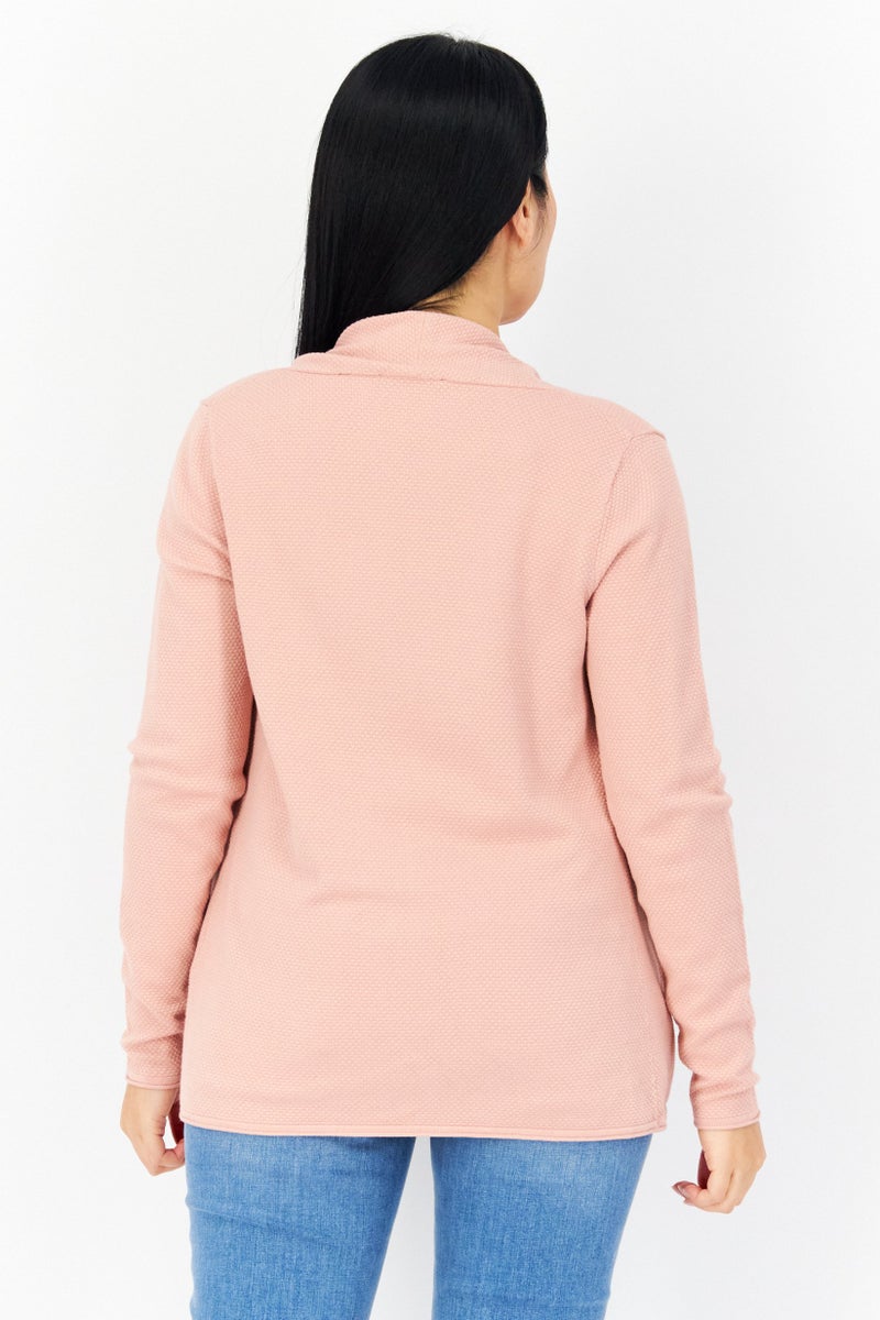 Zero Women Split Neck Long Sleeve Textured Open Front Cardigan, Pink - Image 2