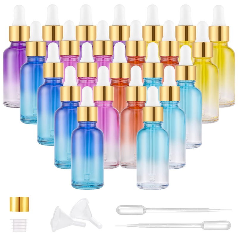 PrettyCare PrettyCare Eye Dropper Bottles 1oz (Rainbow Colored Glass Bottle 24 Pack 30ml with Golden Caps, 48 Labels, Funnel & Measured Pipettes) Empty Tincture Bottles for Essential Oils, Perfume  - Image 1