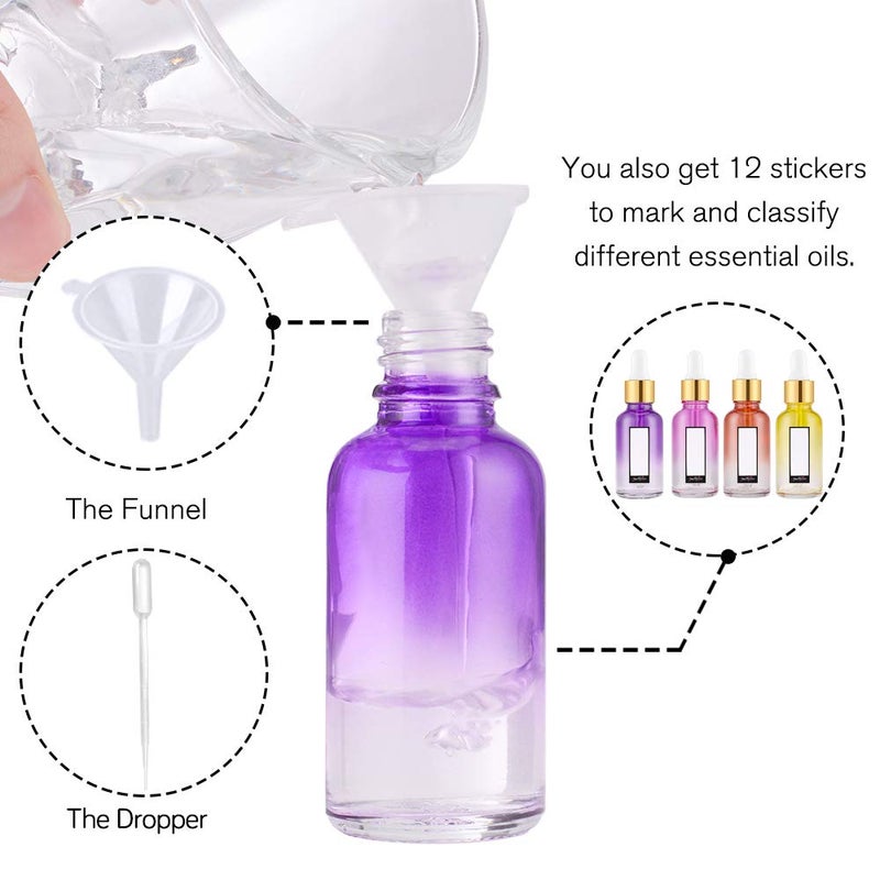 PrettyCare PrettyCare Eye Dropper Bottles 1oz (Rainbow Colored Glass Bottle 24 Pack 30ml with Golden Caps, 48 Labels, Funnel & Measured Pipettes) Empty Tincture Bottles for Essential Oils, Perfume  - Image 5
