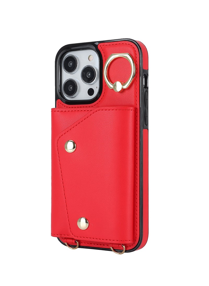 جولف لينك حافظة هاتف بغطاء خلفي من جلد البولي يوريثان مع محفظة وأشرطة لهاتف Apple iPhone 15 Pro Max باللون الأحمر - Image 1