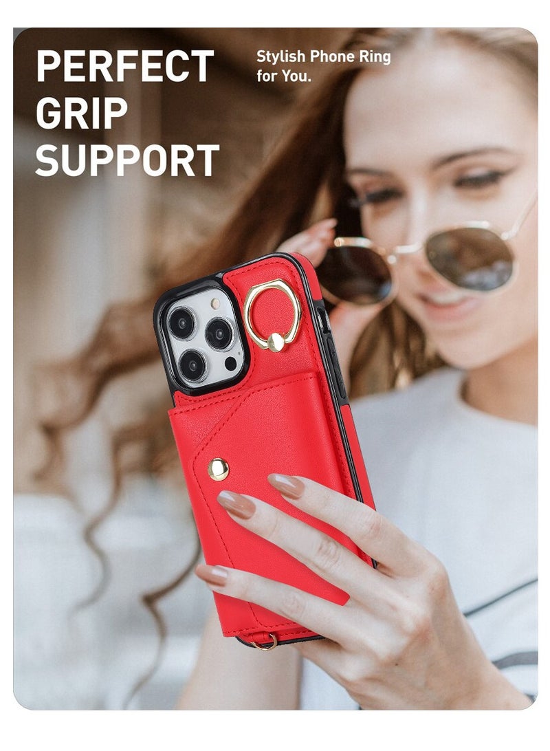 جولف لينك حافظة هاتف بغطاء خلفي من جلد البولي يوريثان مع محفظة وأشرطة لهاتف Apple iPhone 15 Pro Max باللون الأحمر - Image 5