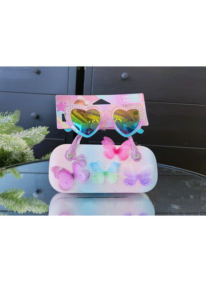 Five dream house Kids UV400 Protection with Light Weight Eyewear, 3D Rhinestone Heart Butterfly Kids Sunglasses Set, Glitter Gradient Portable Hard Storage Case - Image 4