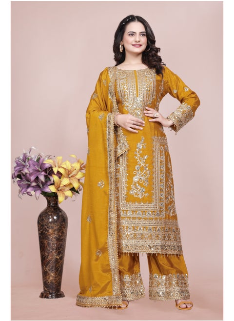 Classic Designer Pure Chinnon with Heavy Embroidery Coding Dori-Sequence Work Top-Bottom & Dupatta Set Fully Stitched Ready to Wear