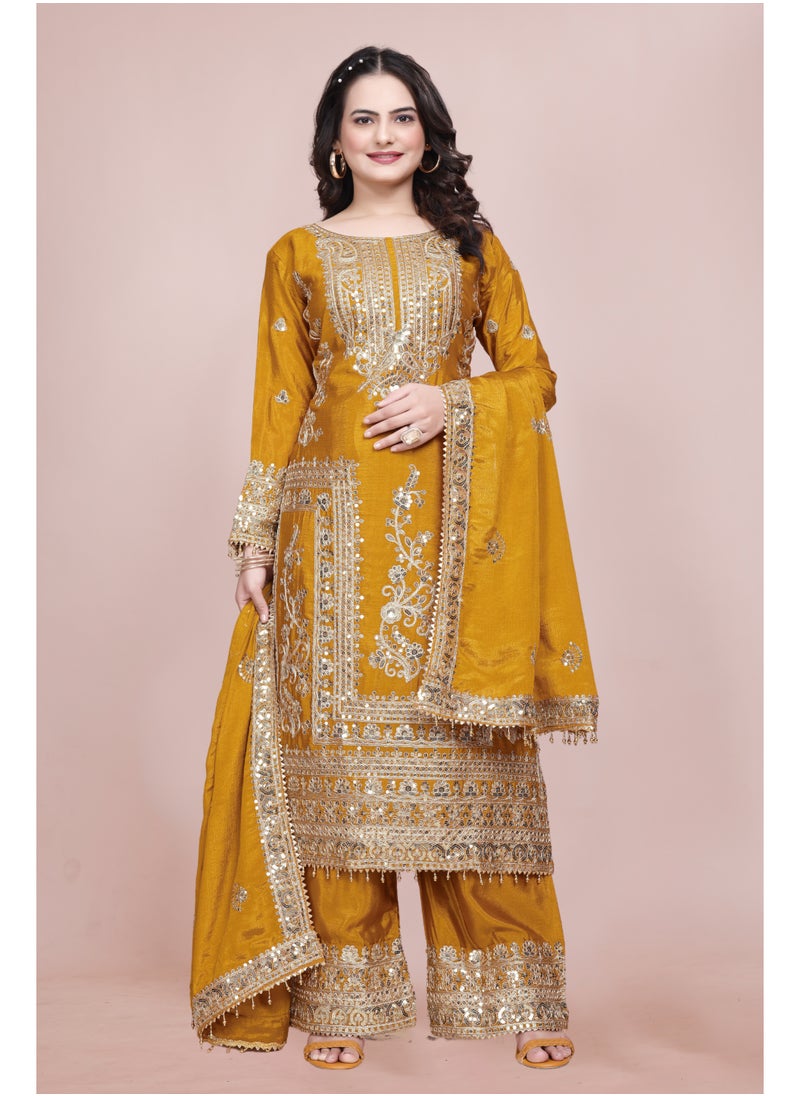 Classic Designer Pure Chinnon with Heavy Embroidery Coding Dori-Sequence Work Top-Bottom & Dupatta Set Fully Stitched Ready to Wear