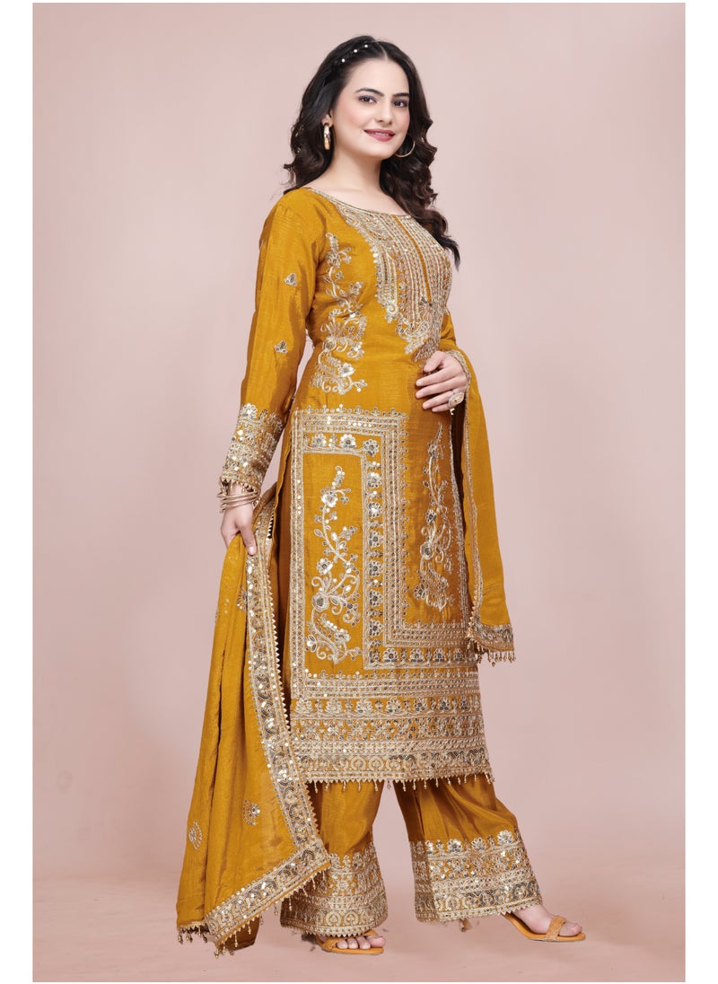 Classic Designer Pure Chinnon with Heavy Embroidery Coding Dori-Sequence Work Top-Bottom & Dupatta Set Fully Stitched Ready to Wear