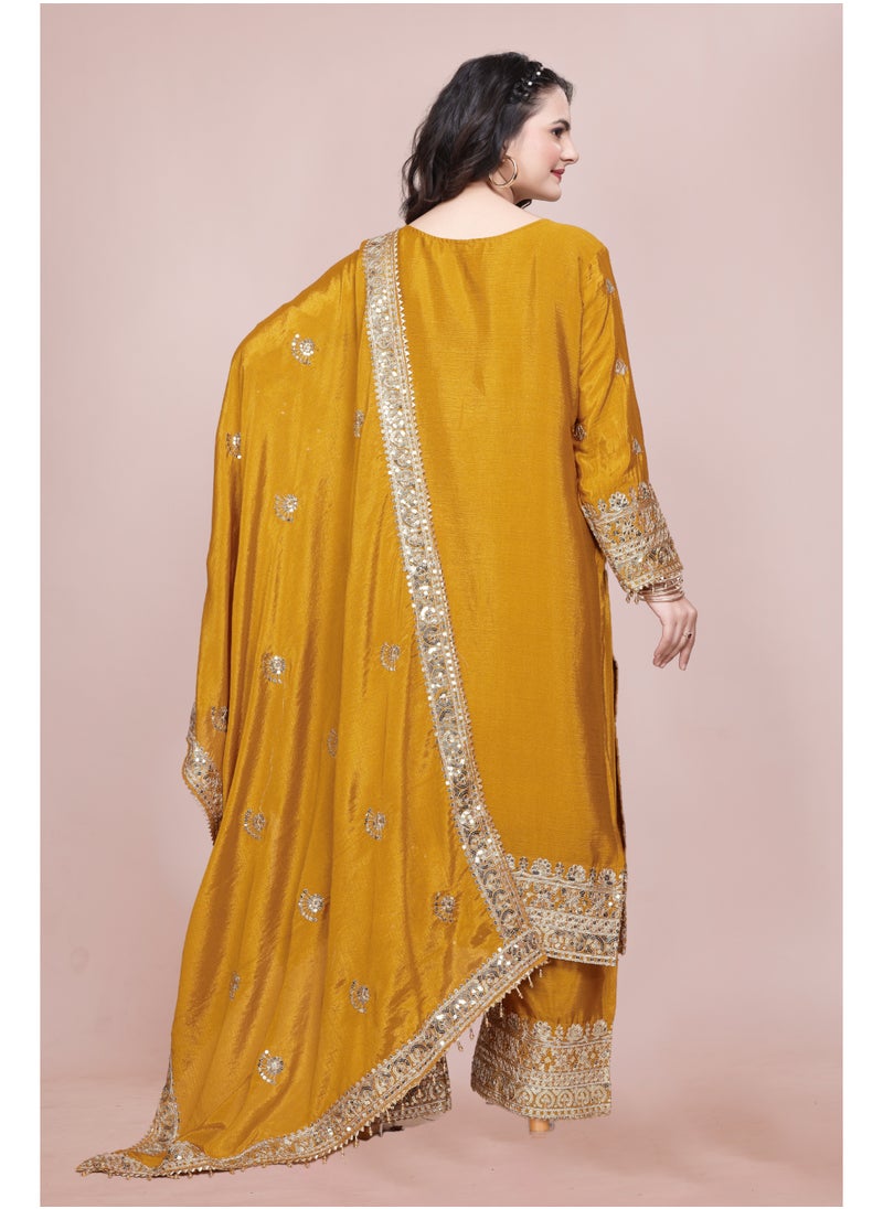 Classic Designer Pure Chinnon with Heavy Embroidery Coding Dori-Sequence Work Top-Bottom & Dupatta Set Fully Stitched Ready to Wear