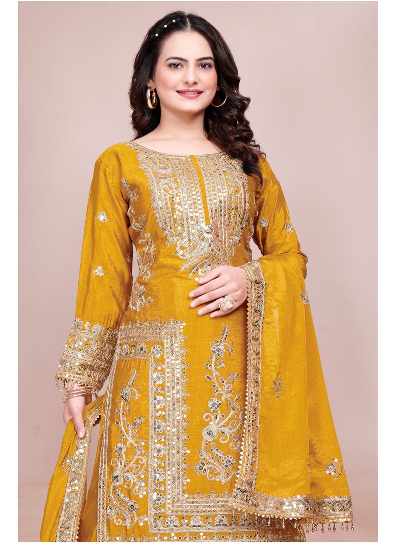 Classic Designer Pure Chinnon with Heavy Embroidery Coding Dori-Sequence Work Top-Bottom & Dupatta Set Fully Stitched Ready to Wear