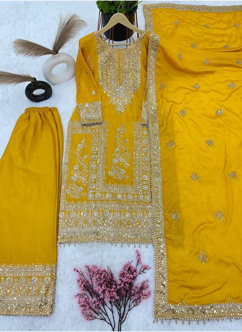 Classic Designer Pure Chinnon with Heavy Embroidery Coding Dori-Sequence Work Top-Bottom & Dupatta Set Fully Stitched Ready to Wear