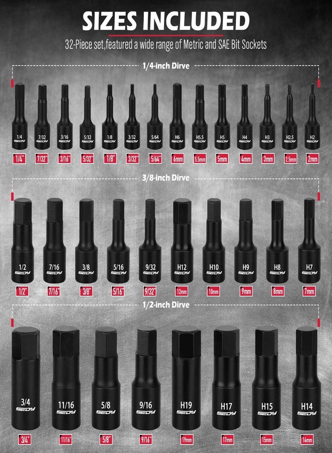سيدي طقم مفكات سداسية الرأس: 36 قطعة مع 4 محولات، طقم مفكات سداسية الرأس من درايف ماستر، مقاس 1/4 بوصة، 3/8 بوصة، 1/2 بوصة، SAE والقياسات المترية، ارتفاع 5-19 بوصة، و3/4 بوصة - 5/64 بوصة، حقيبة تخزين متينة، ميكانيكي سيارات - Image 2