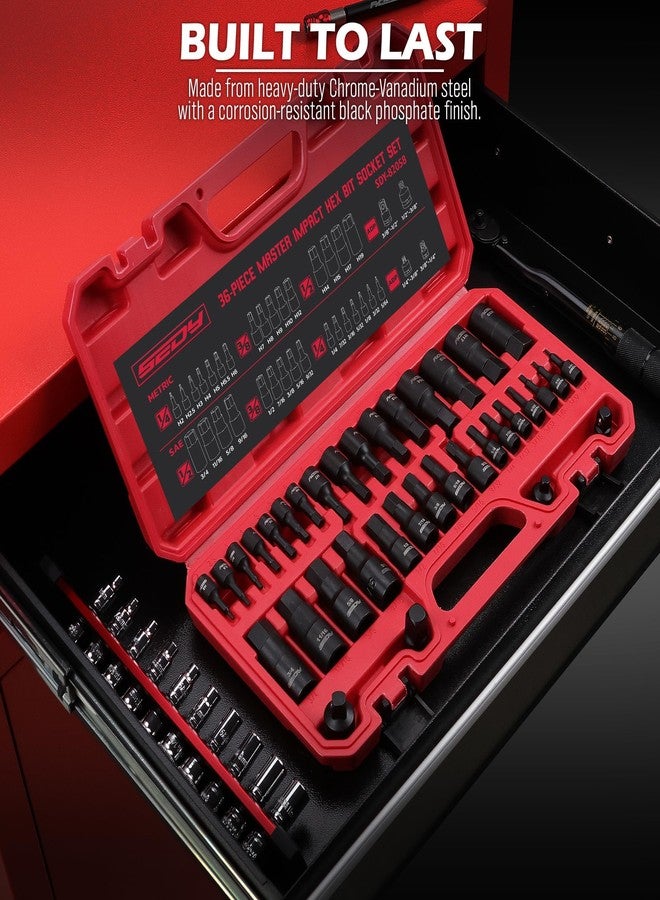 سيدي طقم مفكات سداسية الرأس: 36 قطعة مع 4 محولات، طقم مفكات سداسية الرأس من درايف ماستر، مقاس 1/4 بوصة، 3/8 بوصة، 1/2 بوصة، SAE والقياسات المترية، ارتفاع 5-19 بوصة، و3/4 بوصة - 5/64 بوصة، حقيبة تخزين متينة، ميكانيكي سيارات - Image 3