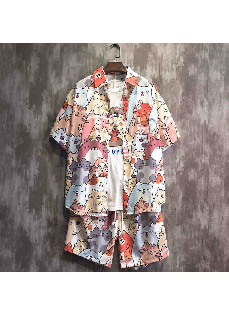 Generic Mens Fashionable Casual Loose-Fit Suit New Thin Printed Design Short Sleeve Shirt Straight-Leg Mid Waist Pants Summer Wear T3001 pink [suit]] 