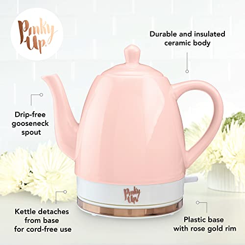 Pinky Up Noelle 1.5 L Pink Electric Ceramic Kettle with Gooseneck, Cute Water Boiler for Hot Teas and Pour Over Coffee, Blush with Rose Gold - Image 2