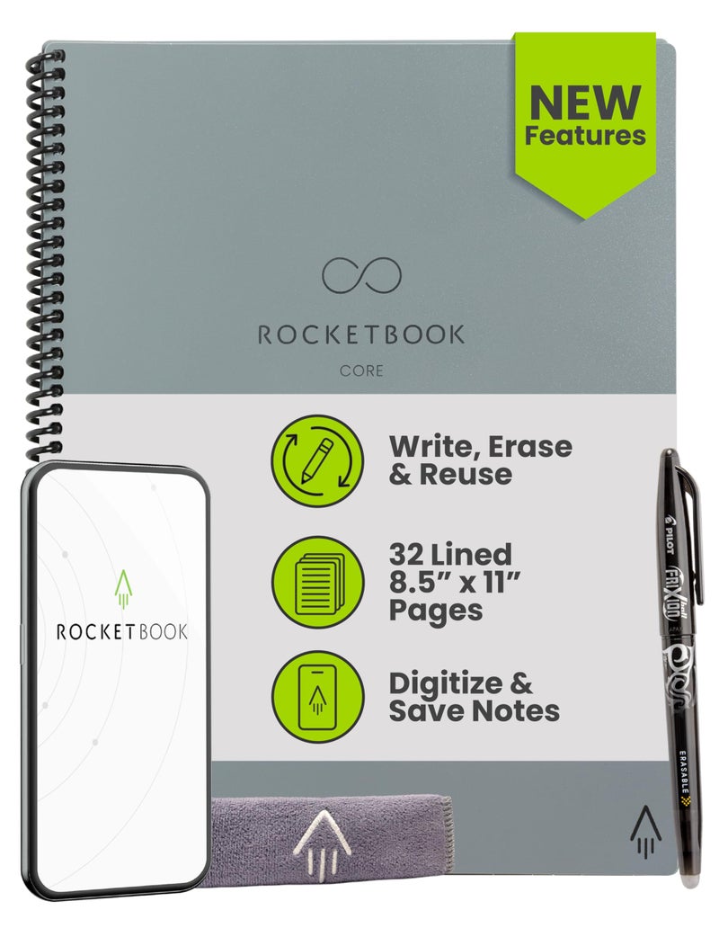Rocketbook Core Reusable Smart Notebook, Lined Pages For School, Work and Creative Projects, Letter Size 8.5x11, Gray - Premium - Image 1