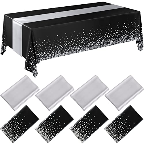 Breling 8 Pack Black and Silver Disposable Plastic Tablecloths and Satin Table Runner Set 54 x 108 Inch Tablecloth 12 x 108 Inch Table Runners for Wedding Graduation Birthday Baby Shower New Year