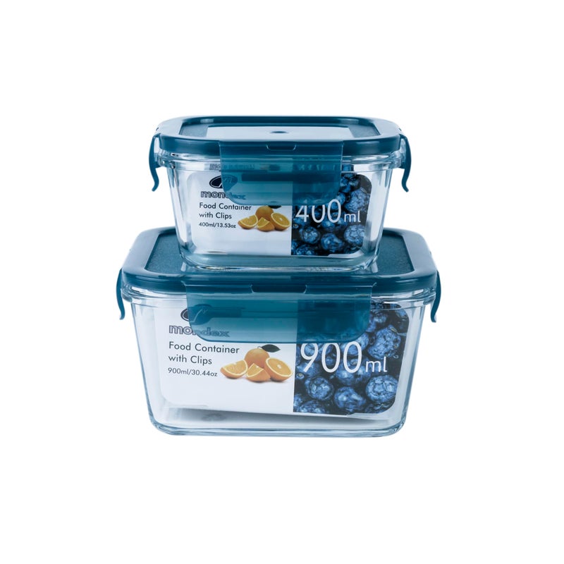 2 قطعة حاوية تخزين الطعام الزجاجية البورسليكات صندوق الغداء بغطاء أزرق 400 مل 900 مل