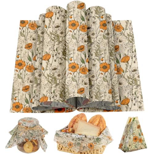 Fabllewavi 150 Sheets Orange Wildflower Garden Floral Wax Paper for Food Deli, 9.8'' x 8.3'' Retro Floral Greaseproof Deli Paper for Sandwich Picnic Basket Liner Birthday Party Supplies - Image 1