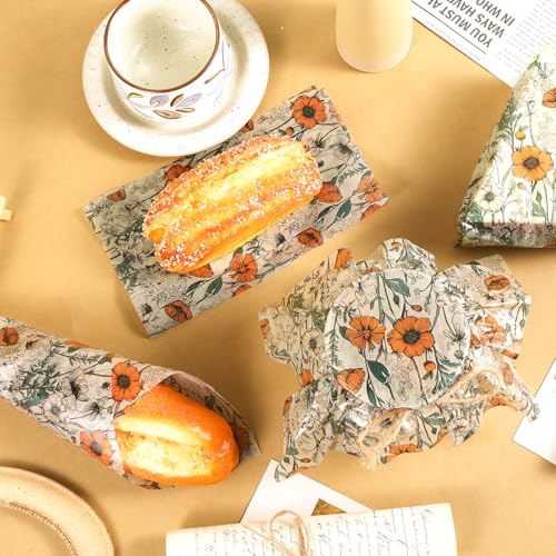 Fabllewavi 150 Sheets Orange Wildflower Garden Floral Wax Paper for Food Deli, 9.8'' x 8.3'' Retro Floral Greaseproof Deli Paper for Sandwich Picnic Basket Liner Birthday Party Supplies - Image 4