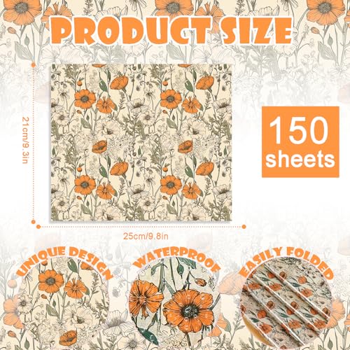 Fabllewavi 150 Sheets Orange Wildflower Garden Floral Wax Paper for Food Deli, 9.8'' x 8.3'' Retro Floral Greaseproof Deli Paper for Sandwich Picnic Basket Liner Birthday Party Supplies - Image 2