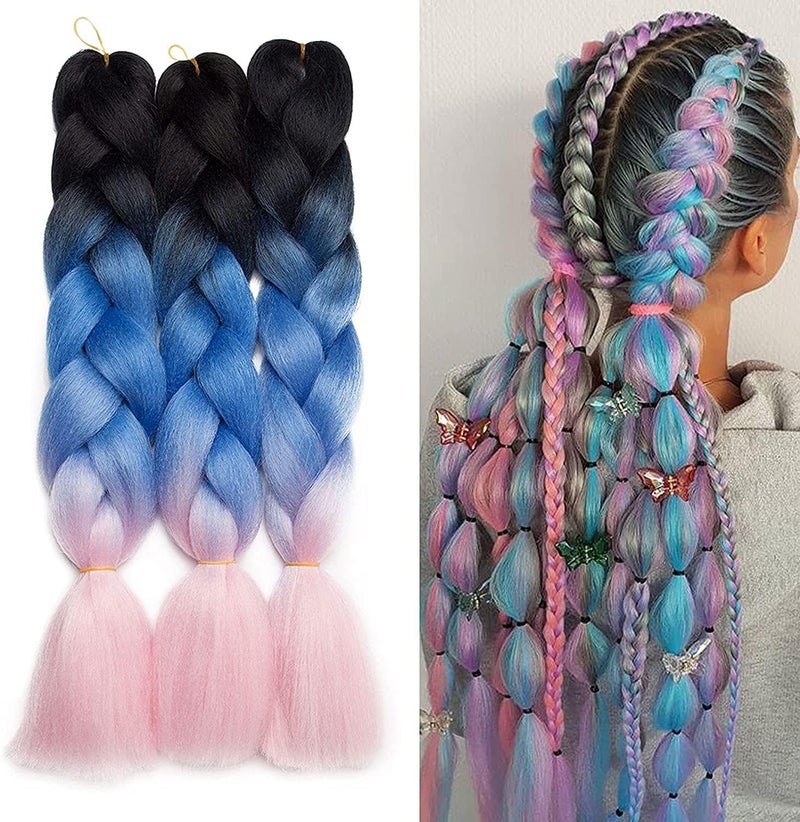 KASTWAVE Synthetic Hair for Braiding, Jumbo Braids, Extension Afro Braids Crochet Twist, Heat Resistant 24 inch 3 Pcs(Black to Pure Blue to Light Pink) - Image 1