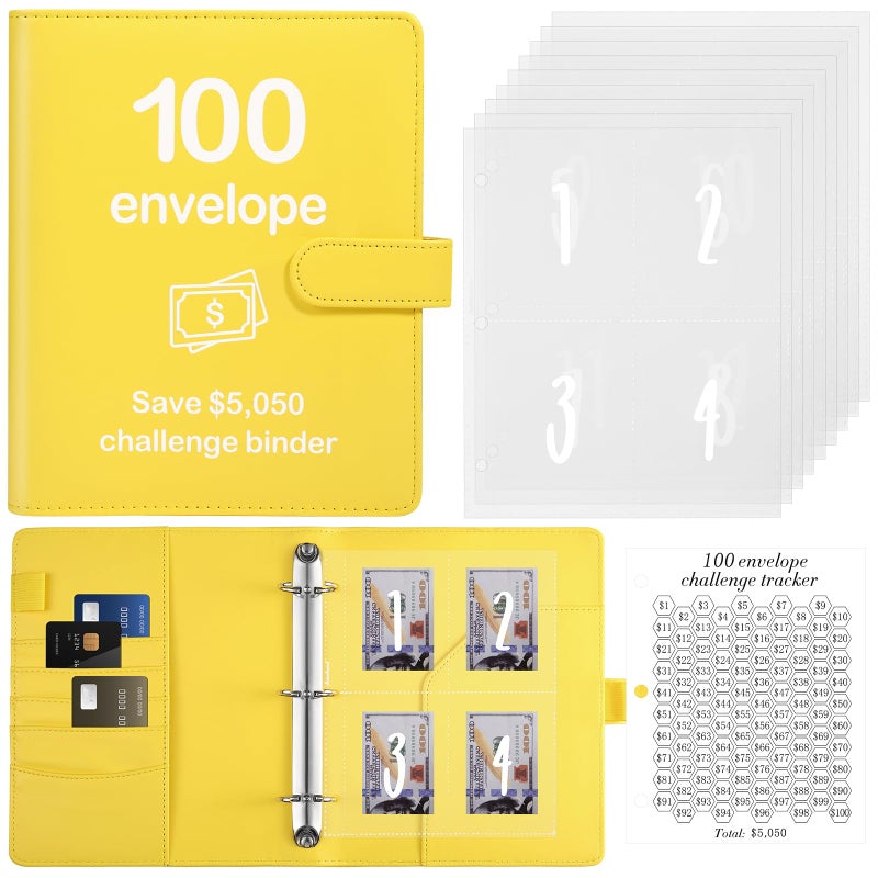 Pemocyny 100 Envelopes Money Saving Challenge Binder with Reusable Laminated Tracker, Budget Book with Cash Envelopes, Easy and Fun Way to Save $5,050 (Yellow) - Image 1