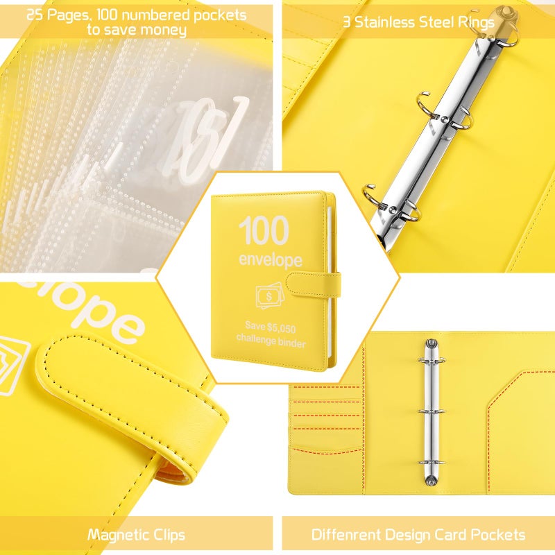 Pemocyny 100 Envelopes Money Saving Challenge Binder with Reusable Laminated Tracker, Budget Book with Cash Envelopes, Easy and Fun Way to Save $5,050 (Yellow) - Image 3