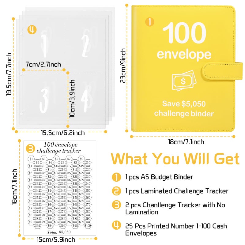 Pemocyny 100 Envelopes Money Saving Challenge Binder with Reusable Laminated Tracker, Budget Book with Cash Envelopes, Easy and Fun Way to Save $5,050 (Yellow) - Image 2